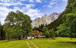 Preview wallpaper house, meadow, mountains, trees, sky, landscape