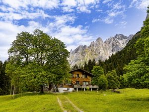 Preview wallpaper house, meadow, mountains, trees, sky, landscape