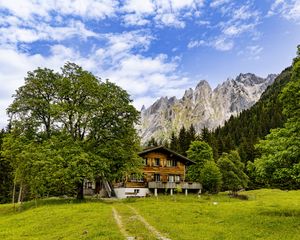 Preview wallpaper house, meadow, mountains, trees, sky, landscape