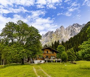 Preview wallpaper house, meadow, mountains, trees, sky, landscape