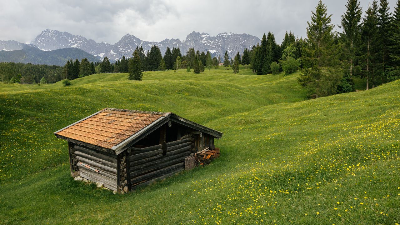 Wallpaper house, meadow, trees, mountains, nature