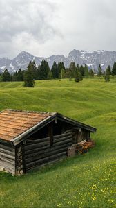 Preview wallpaper house, meadow, trees, mountains, nature