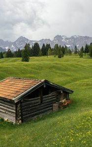 Preview wallpaper house, meadow, trees, mountains, nature