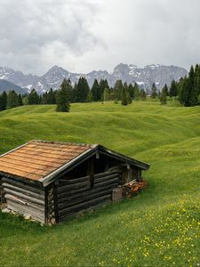 Preview wallpaper house, meadow, trees, mountains, nature