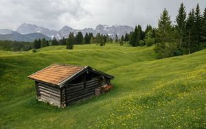 Preview wallpaper house, meadow, trees, mountains, nature
