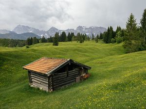 Preview wallpaper house, meadow, trees, mountains, nature