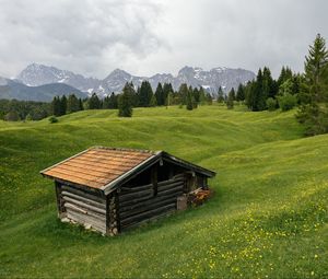 Preview wallpaper house, meadow, trees, mountains, nature