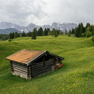 Preview wallpaper house, meadow, trees, mountains, nature