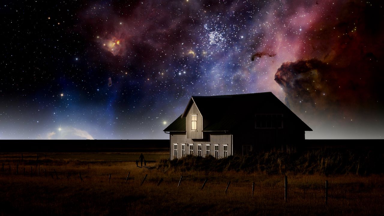 Wallpaper house, milky way, starry sky, stars, night