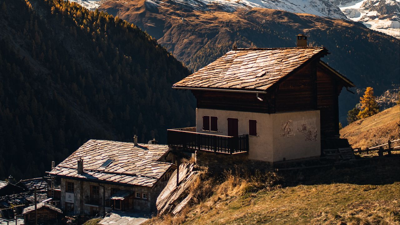 Wallpaper house, mountain, peak, snow, forest