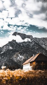 Preview wallpaper house, mountain, peak, clouds, nature