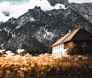 Preview wallpaper house, mountain, peak, clouds, nature