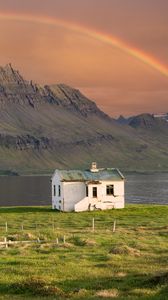 Preview wallpaper house, mountain, rock, rainbow, river, grass, landscape