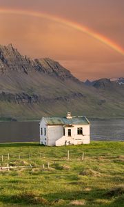 Preview wallpaper house, mountain, rock, rainbow, river, grass, landscape