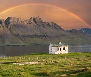 Preview wallpaper house, mountain, rock, rainbow, river, grass, landscape