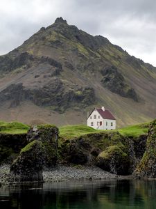 Preview wallpaper house, mountain, slope, lake, landscape