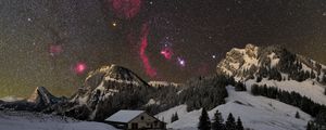 Preview wallpaper house, mountain, snow, winter, milky way, night