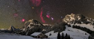 Preview wallpaper house, mountain, snow, winter, milky way, night