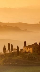 Preview wallpaper house, mountain, trees, fog, meadows