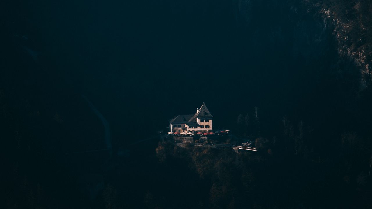 Wallpaper house, mountains, aerial view, shadow, dark