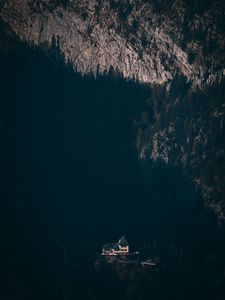 Preview wallpaper house, mountains, aerial view, shadow, dark
