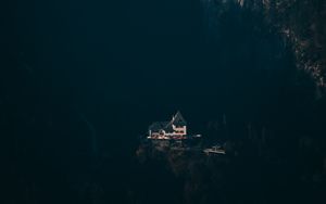 Preview wallpaper house, mountains, aerial view, shadow, dark