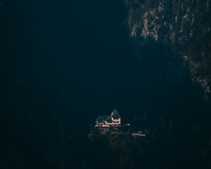 Preview wallpaper house, mountains, aerial view, shadow, dark