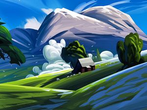 Preview wallpaper house, mountains, art, landscape, paint