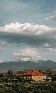 Preview wallpaper house, mountains, clouds, landscape, country