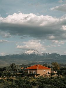 Preview wallpaper house, mountains, clouds, landscape, country