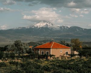 Preview wallpaper house, mountains, clouds, landscape, country