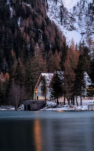 Preview wallpaper house, mountains, forest, snow