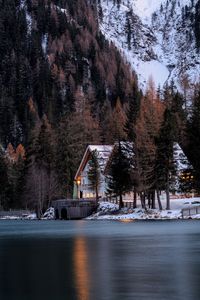 Preview wallpaper house, mountains, forest, snow