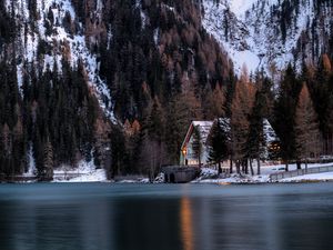 Preview wallpaper house, mountains, forest, snow