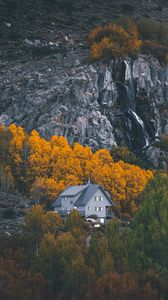 Preview wallpaper house, mountains, forest, rocks, trees