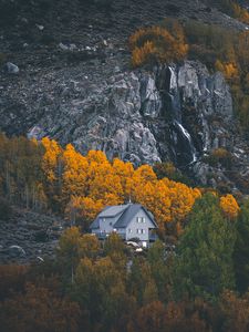 Preview wallpaper house, mountains, forest, rocks, trees
