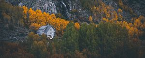 Preview wallpaper house, mountains, forest, rocks, trees