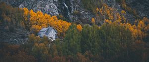 Preview wallpaper house, mountains, forest, rocks, trees