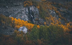 Preview wallpaper house, mountains, forest, rocks, trees