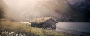 Preview wallpaper house, mountains, grass, lake, fog