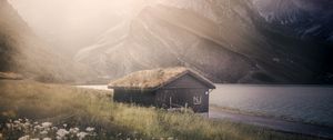 Preview wallpaper house, mountains, grass, lake, fog