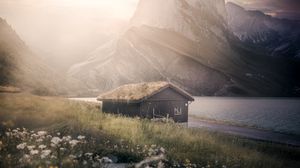 Preview wallpaper house, mountains, grass, lake, fog