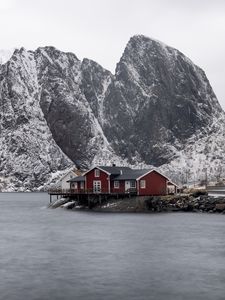 Preview wallpaper house, mountains, island, sea, snow