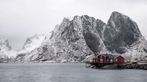 Preview wallpaper house, mountains, island, sea, snow