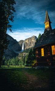 Preview wallpaper house, mountains, landscape, trees, sky