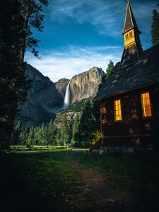 Preview wallpaper house, mountains, landscape, trees, sky