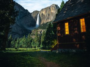 Preview wallpaper house, mountains, landscape, trees, sky