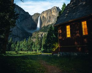 Preview wallpaper house, mountains, landscape, trees, sky