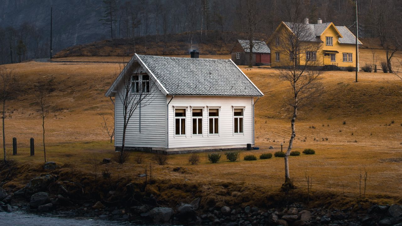Wallpaper house, mountains, river, trees, landscape