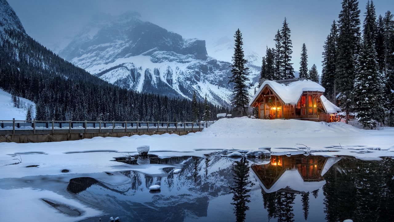 Wallpaper house, mountains, snow, lake, beautiful landscape